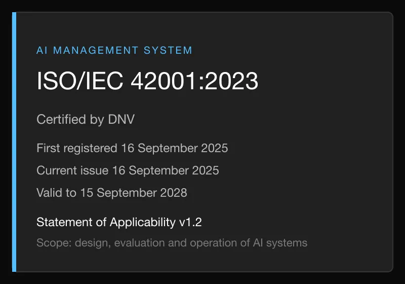 Certificate card for ISO/IEC 42001:2023 issued by DNV, showing the registration and expiry dates and the scope.